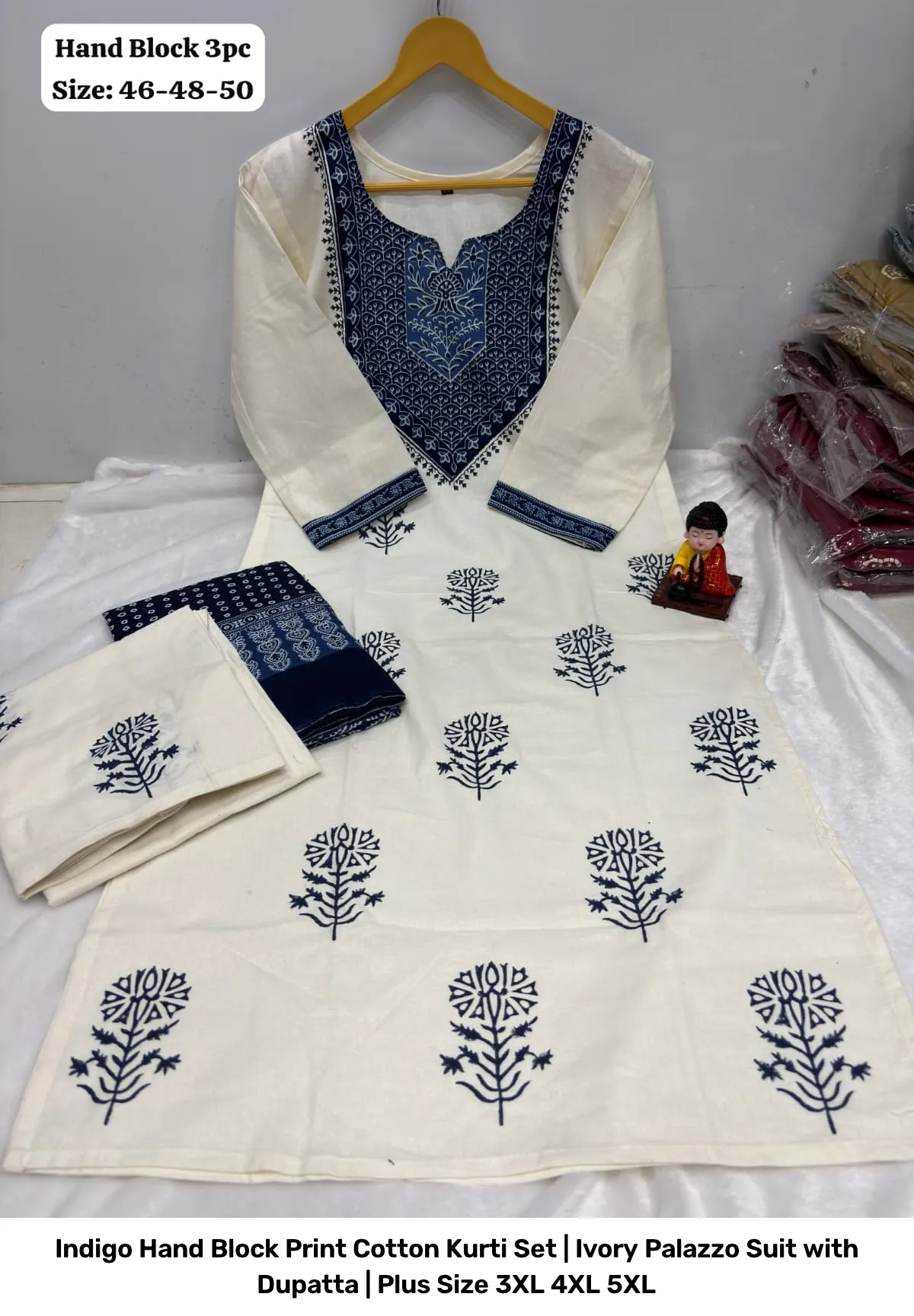 Indigo Hand Block Print Cotton Kurti Set | Ivory Palazzo Suit with Dupatta | Plus Size 3XL 4XL 5XL 4