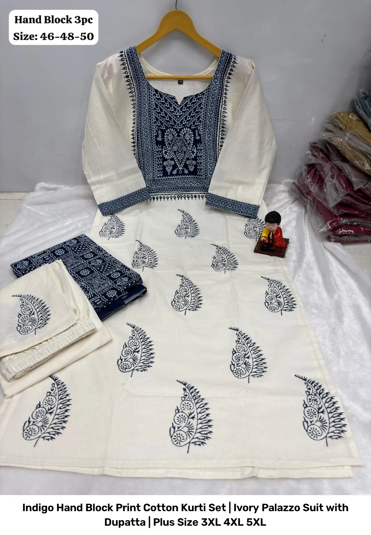 Indigo Hand Block Print Cotton Kurti Set | Ivory Palazzo Suit with Dupatta | Plus Size 3XL 4XL 5XL 5