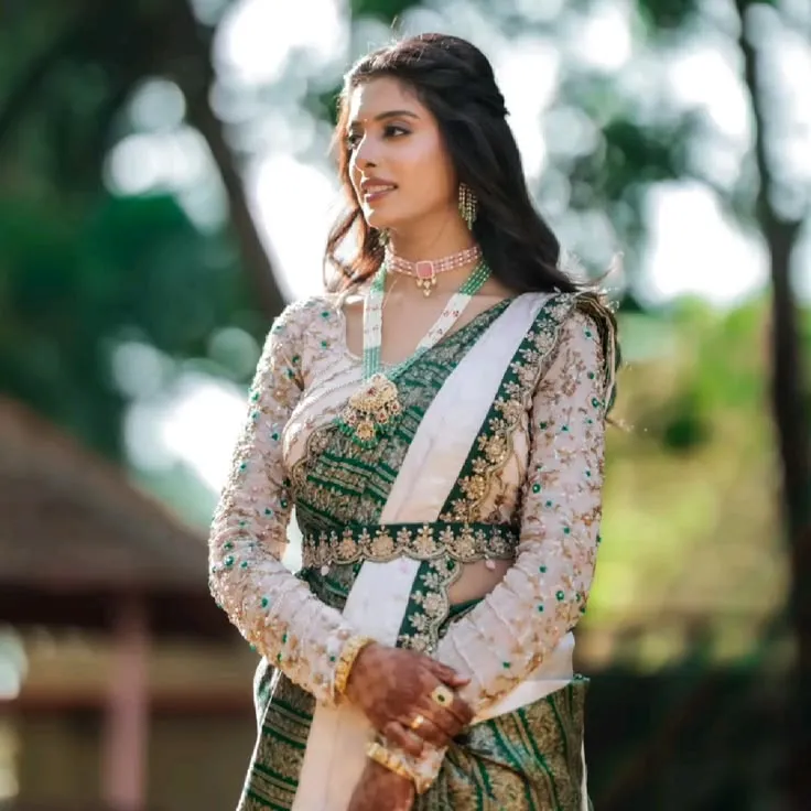 Ivory Sheer Net Full Sleeve Bridal Blouse with Matching Embroidered Kamarbandh / Waist Belt | Gold & Emerald Zardozi Maggam Work Blouse