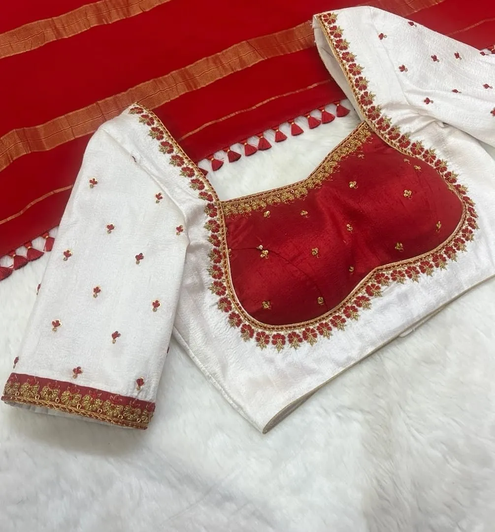 Ivory White Maggam Work Blouse – Red Silk Inset Neckline & Gold Floral Zardozi Sleeves
