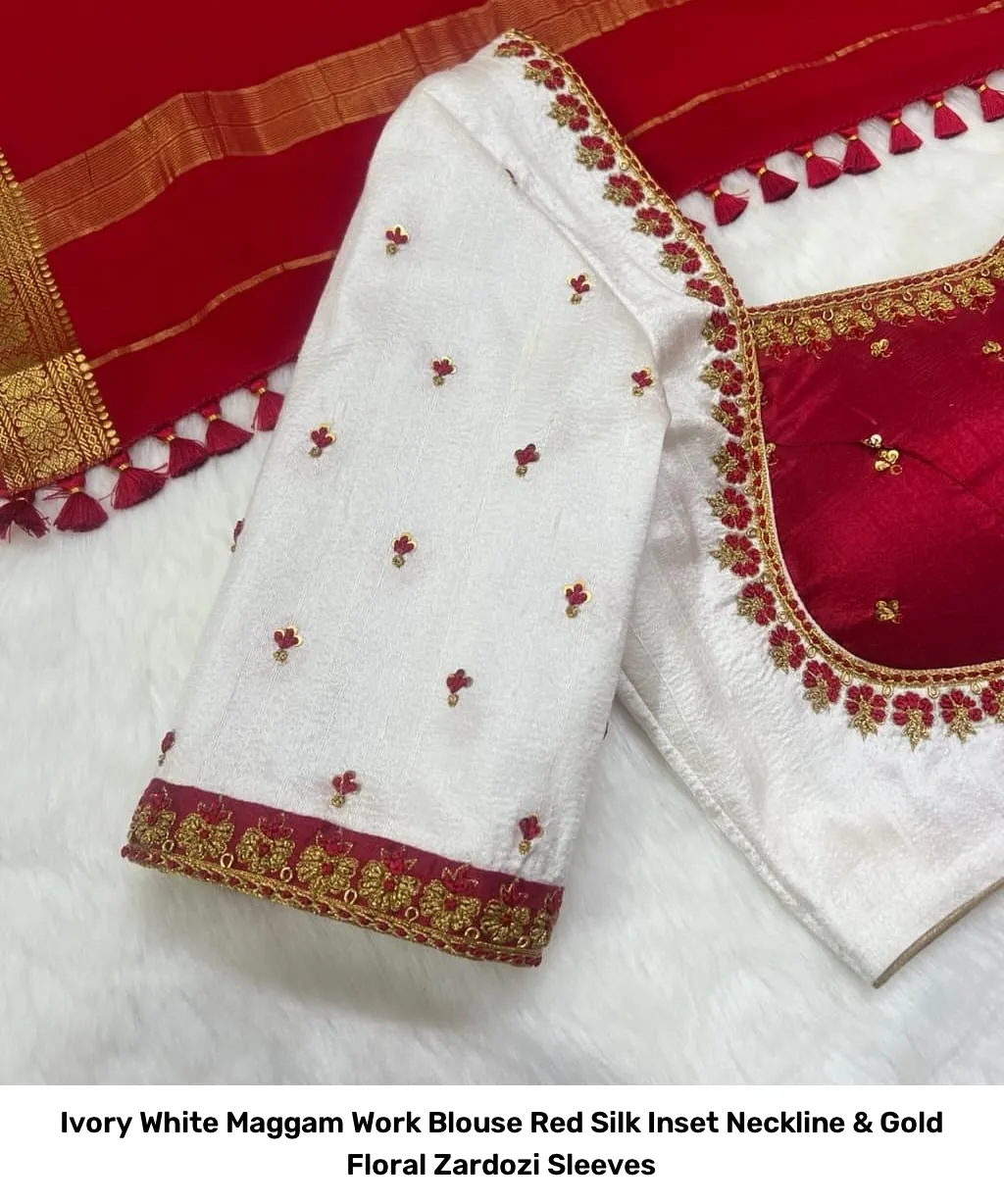 Ivory White Maggam Work Blouse – Red Silk Inset Neckline & Gold Floral Zardozi Sleeves 2
