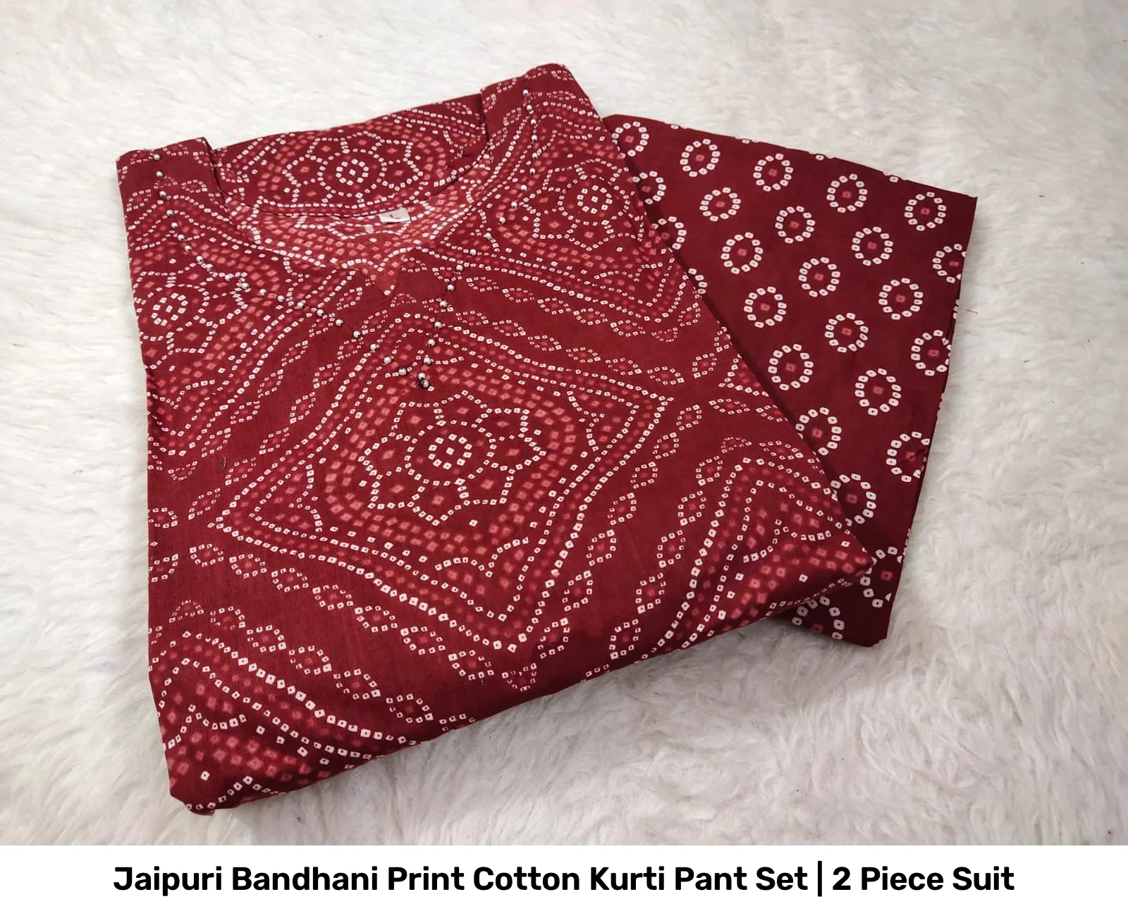 Jaipuri Bandhani Print Cotton Kurti Pant Set | 2 Piece Suit 10