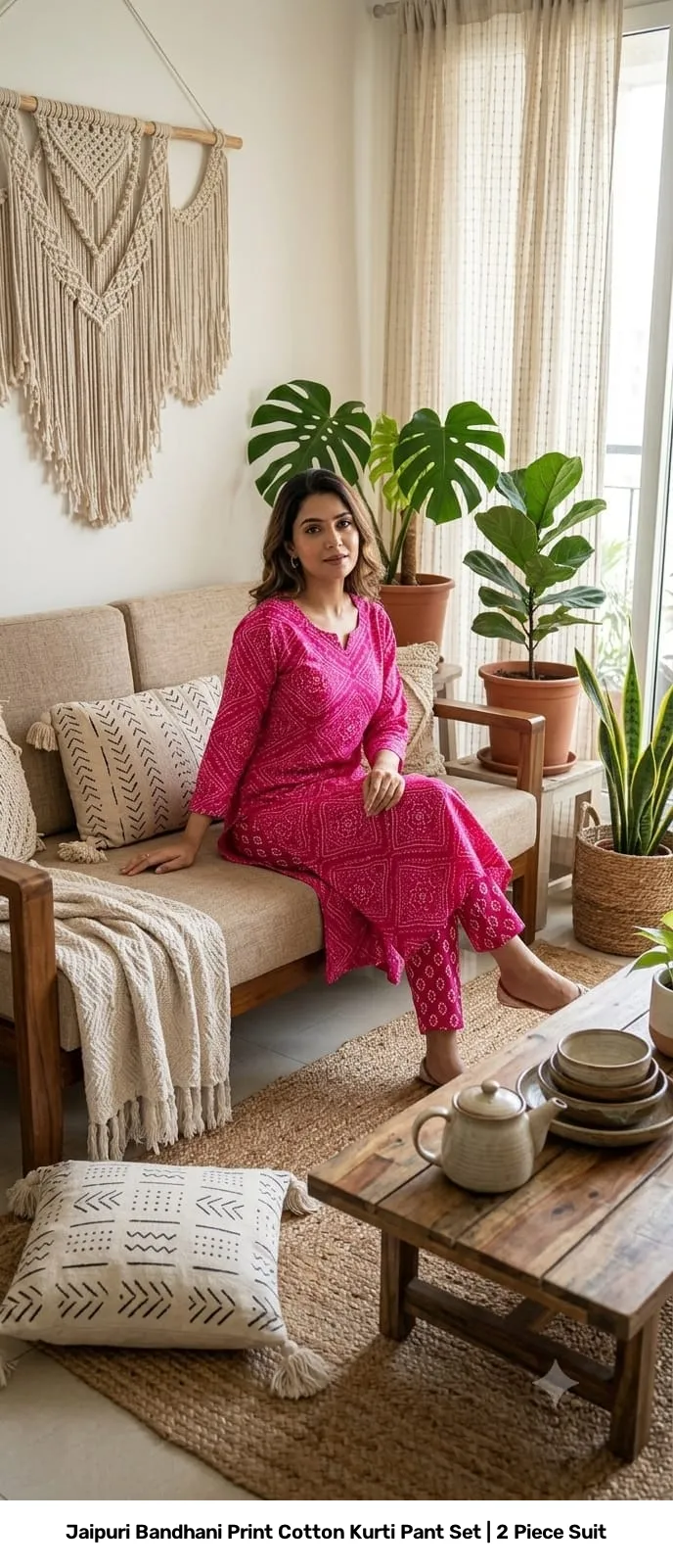 Jaipuri Bandhani Print Cotton Kurti Pant Set | 2 Piece Suit 11