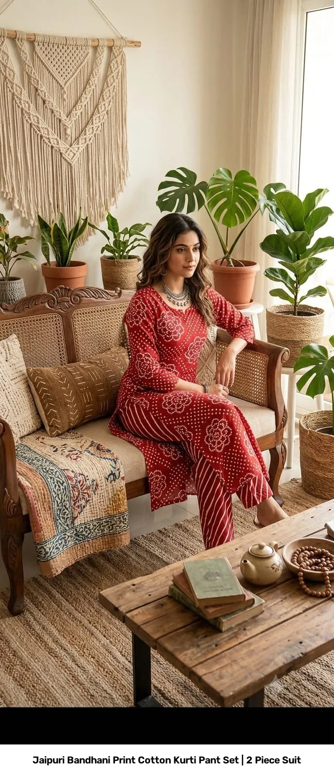 Jaipuri Bandhani Print Cotton Kurti Pant Set | 2 Piece Suit 12