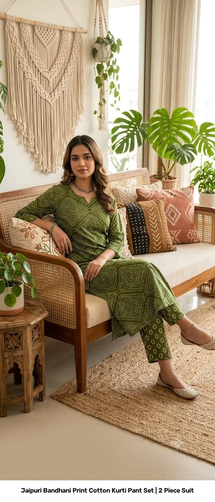 Jaipuri Bandhani Print Cotton Kurti Pant Set | 2 Piece Suit 3