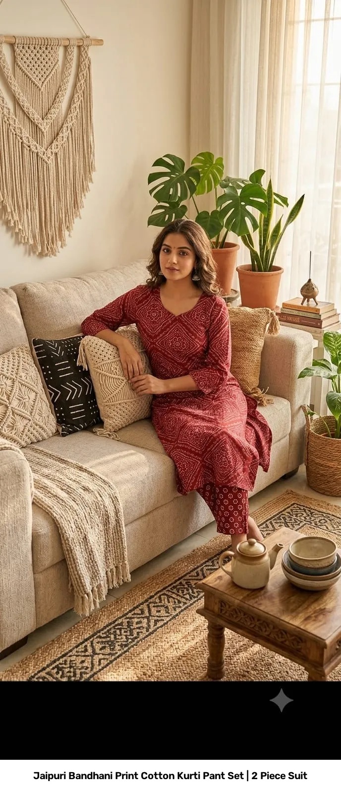 Jaipuri Bandhani Print Cotton Kurti Pant Set | 2 Piece Suit 4