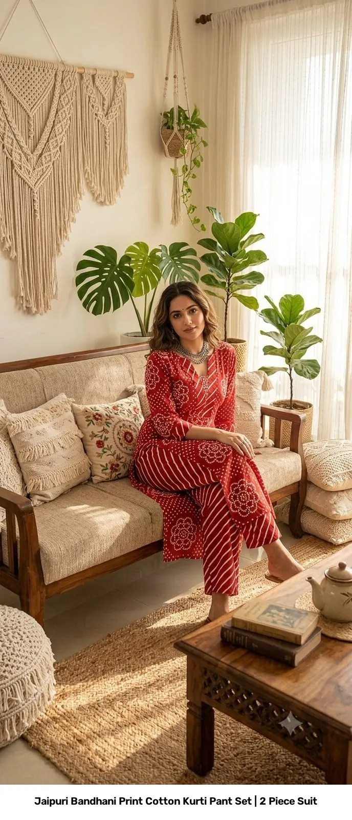 Jaipuri Bandhani Print Cotton Kurti Pant Set | 2 Piece Suit 5