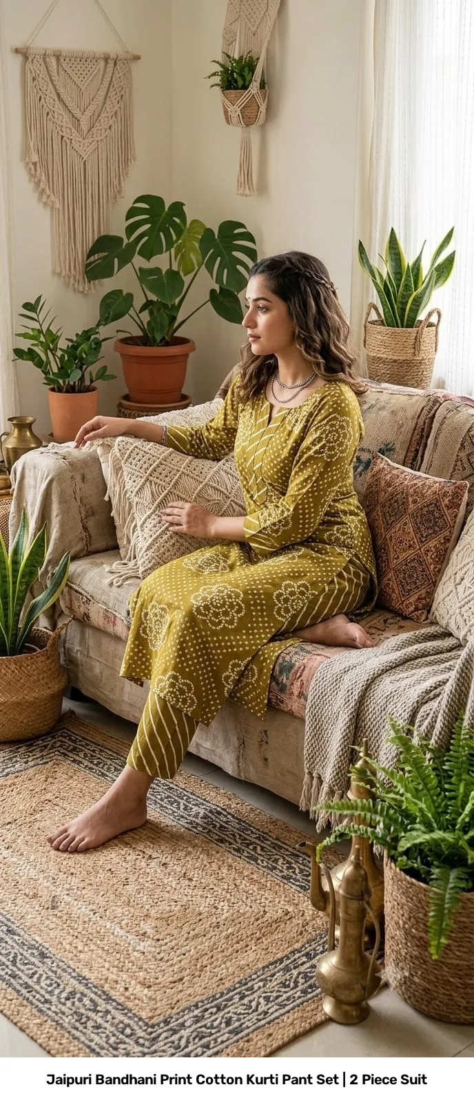 Jaipuri Bandhani Print Cotton Kurti Pant Set | 2 Piece Suit 7