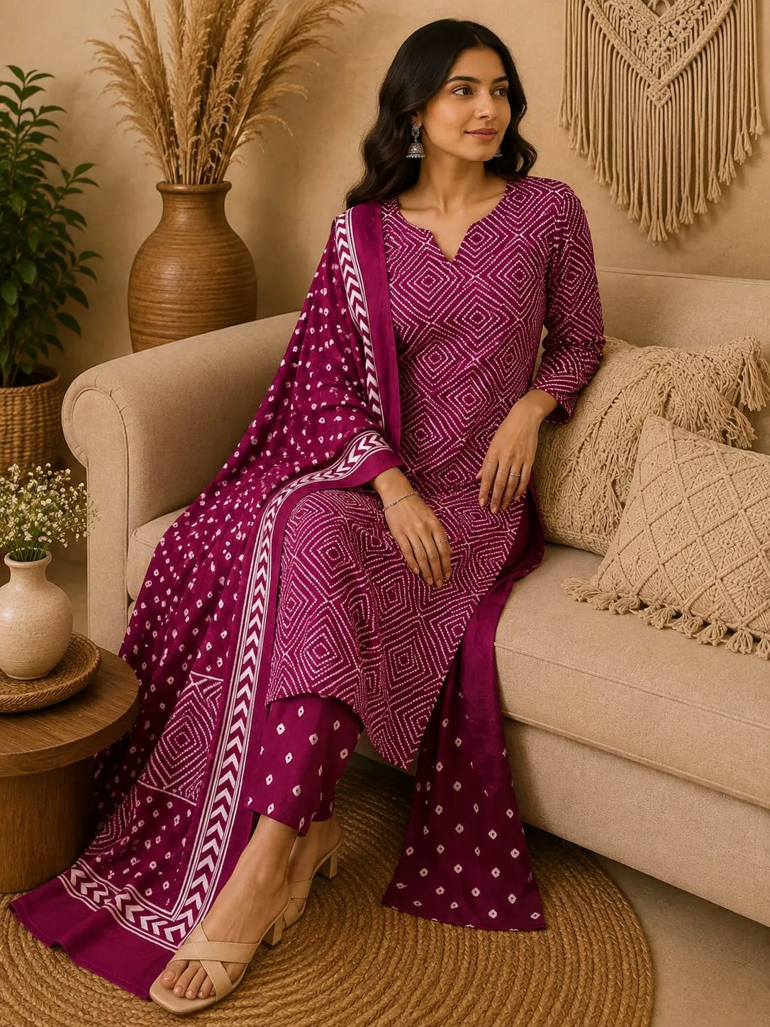 Jaipuri Bandhani Print Cotton Kurti Set with Pant & Dupatta | 3 Piece Suit