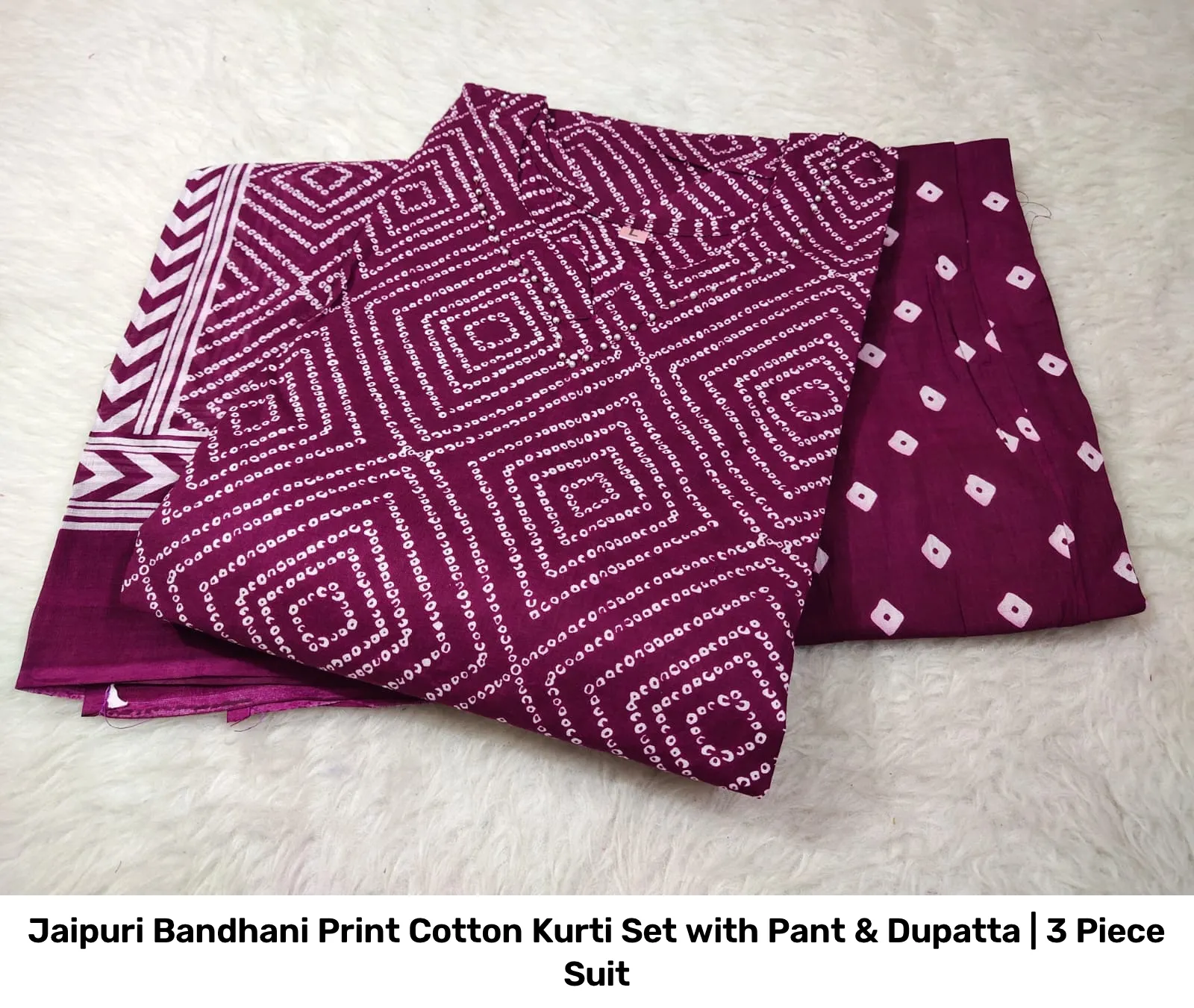 Jaipuri Bandhani Print Cotton Kurti Set with Pant & Dupatta | 3 Piece Suit 2