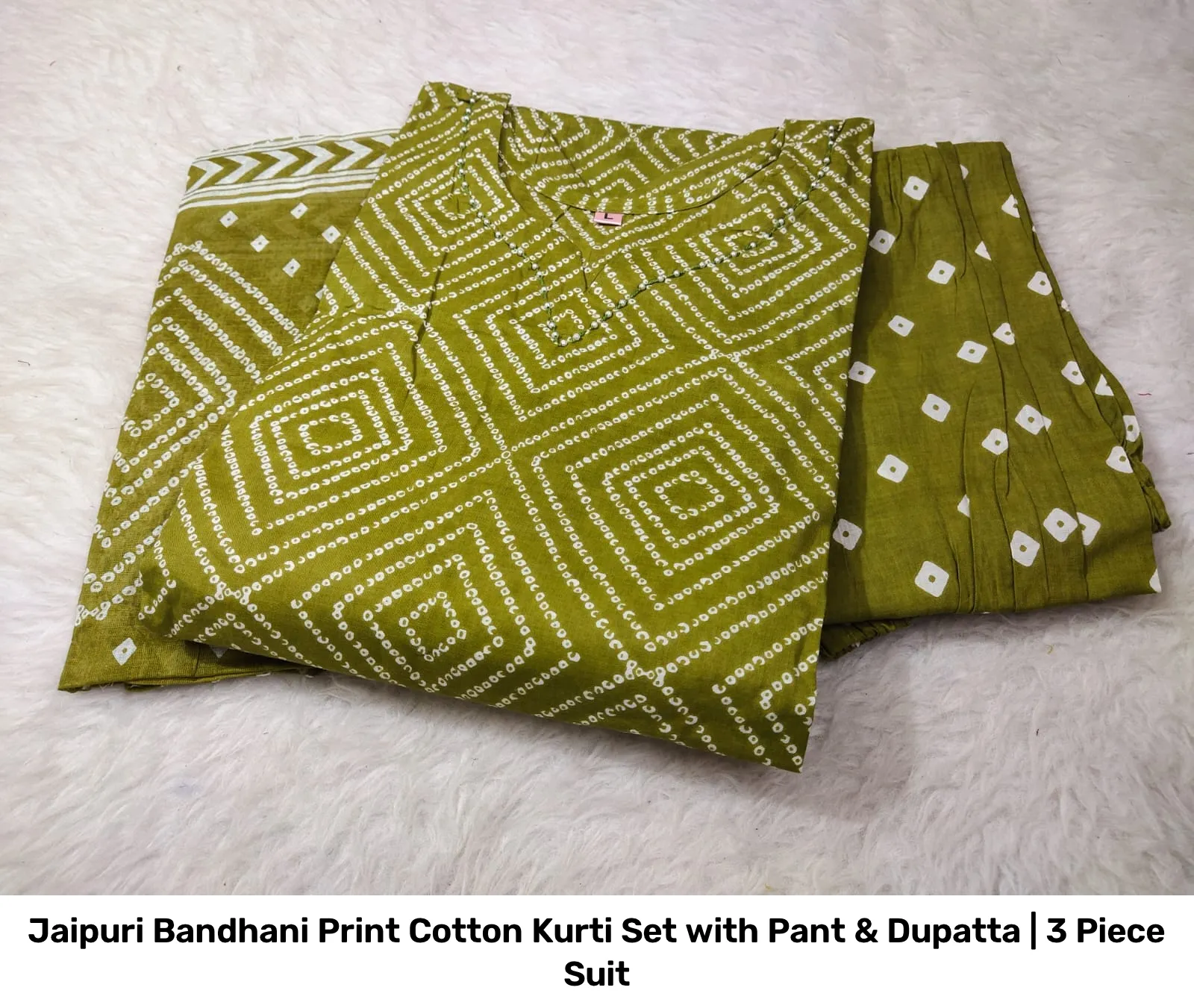 Jaipuri Bandhani Print Cotton Kurti Set with Pant & Dupatta | 3 Piece Suit 3