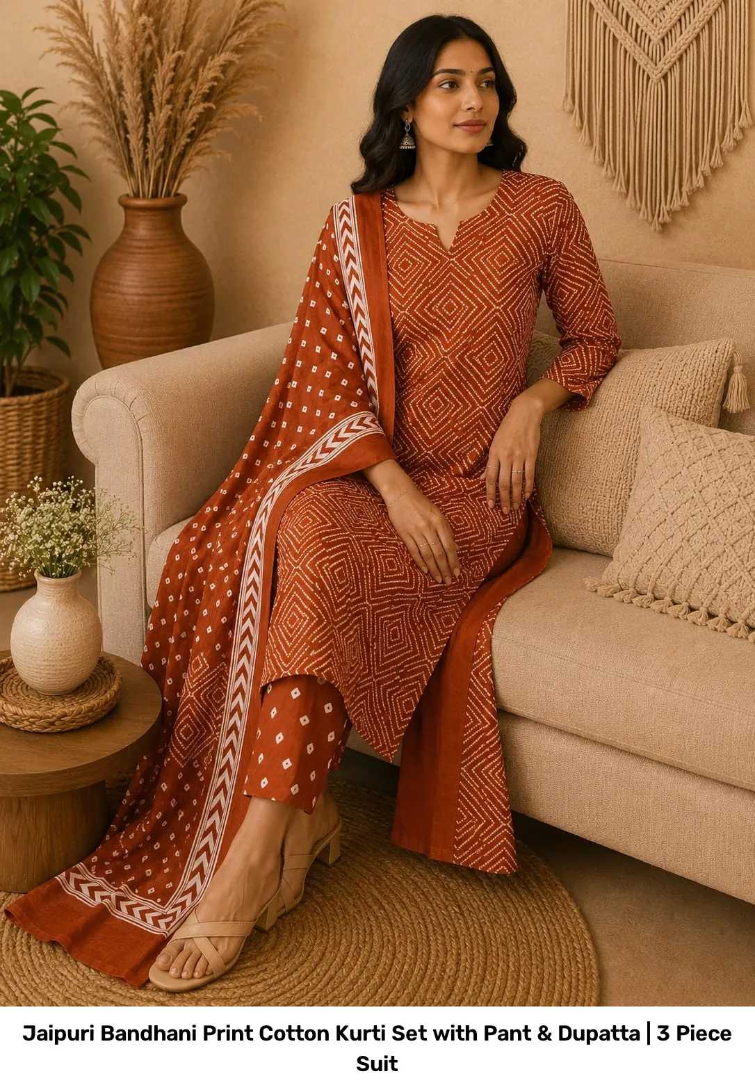 Jaipuri Bandhani Print Cotton Kurti Set with Pant & Dupatta | 3 Piece Suit 4