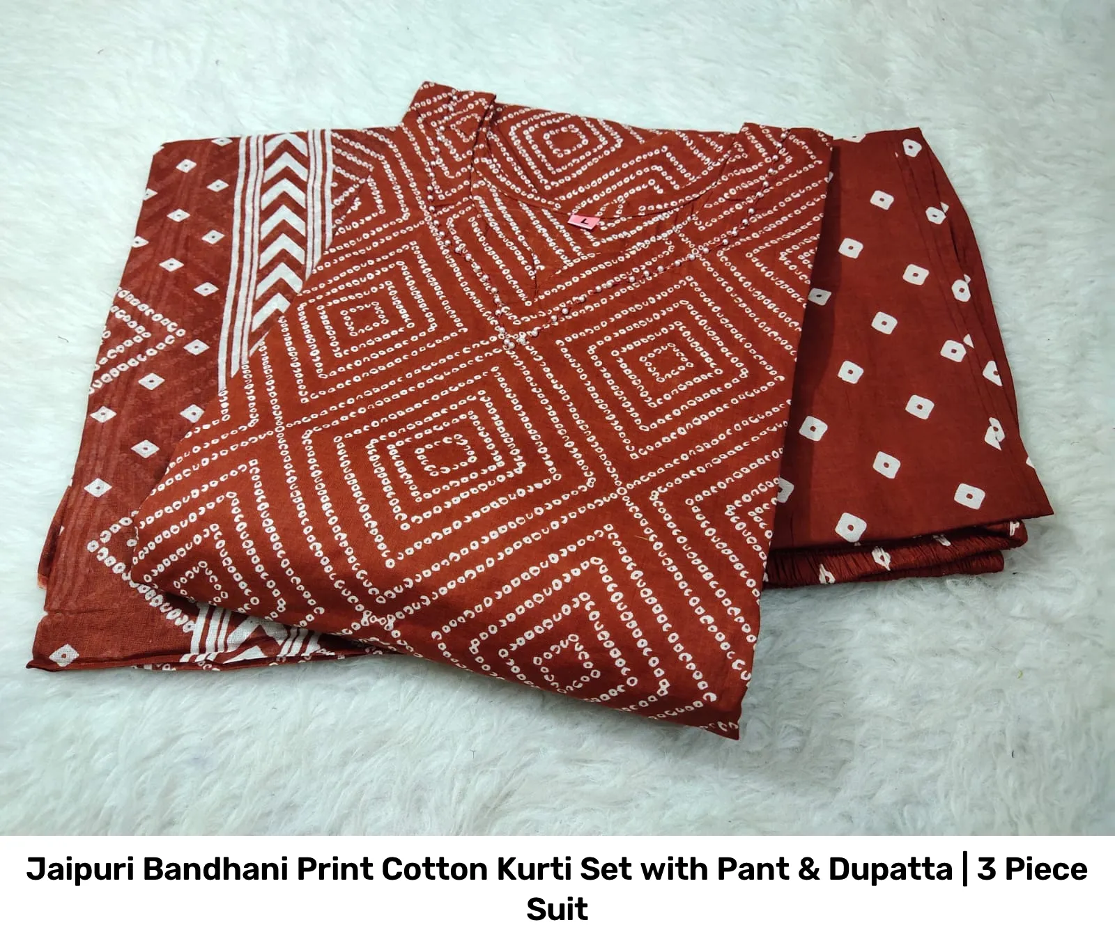 Jaipuri Bandhani Print Cotton Kurti Set with Pant & Dupatta | 3 Piece Suit 5