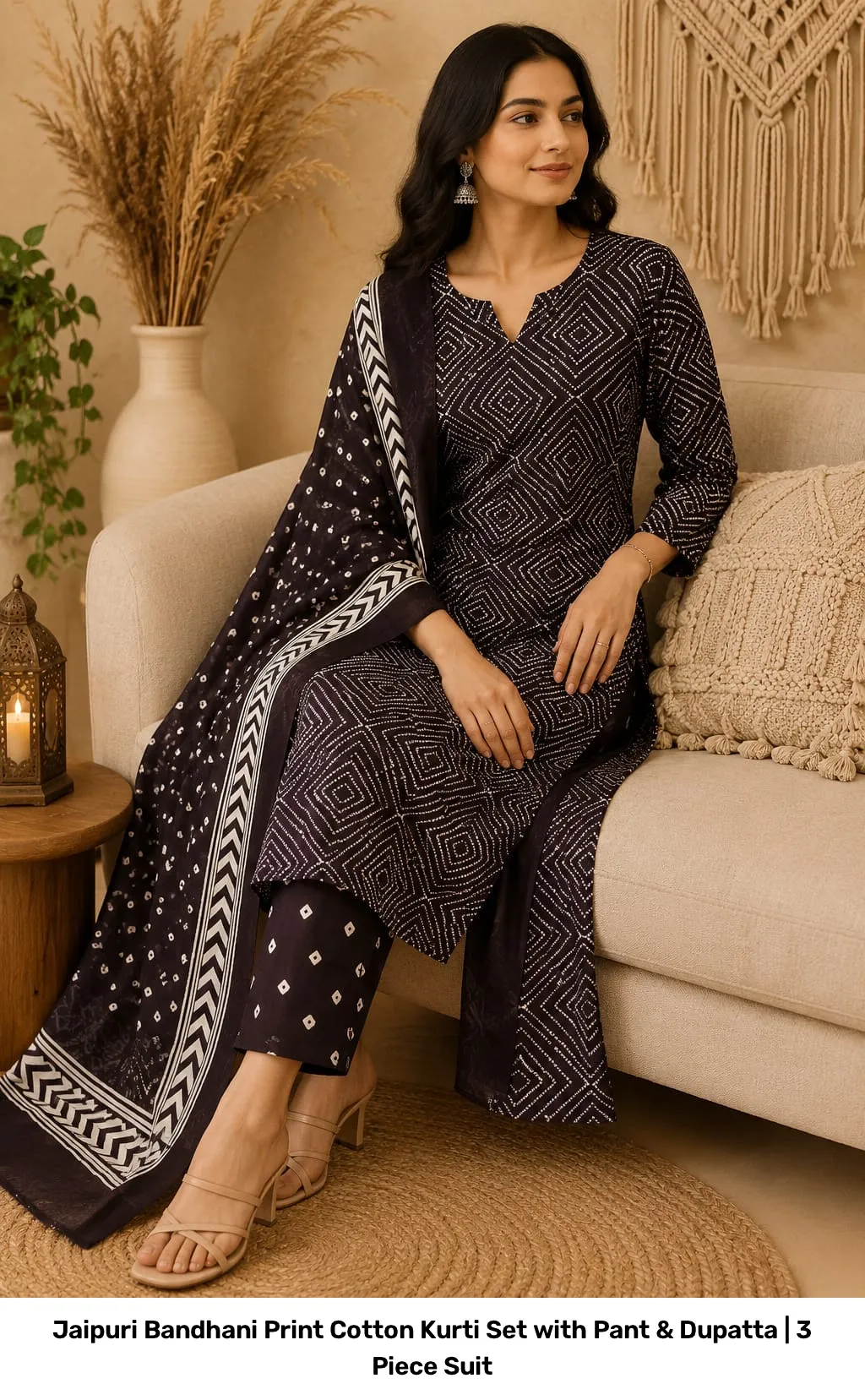 Jaipuri Bandhani Print Cotton Kurti Set with Pant & Dupatta | 3 Piece Suit 6
