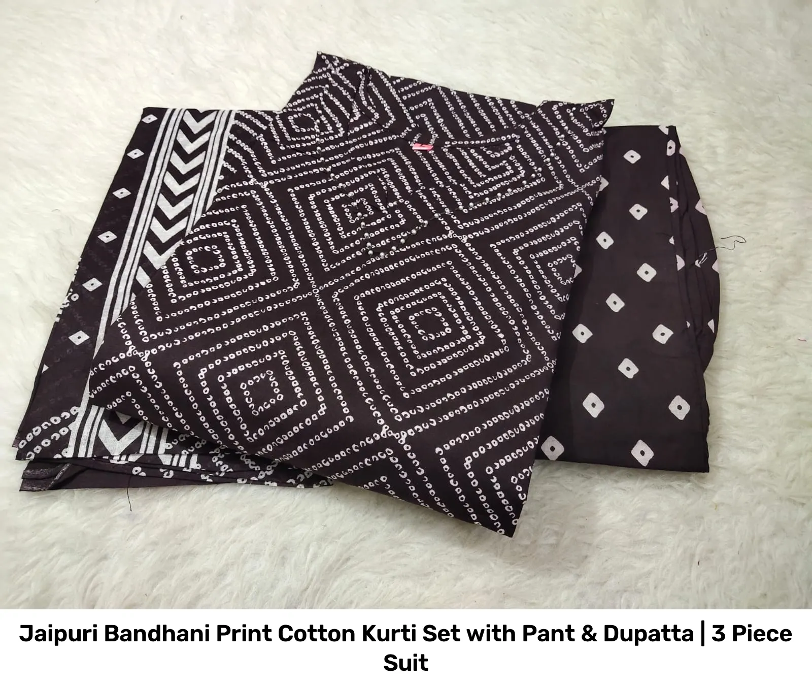 Jaipuri Bandhani Print Cotton Kurti Set with Pant & Dupatta | 3 Piece Suit 7