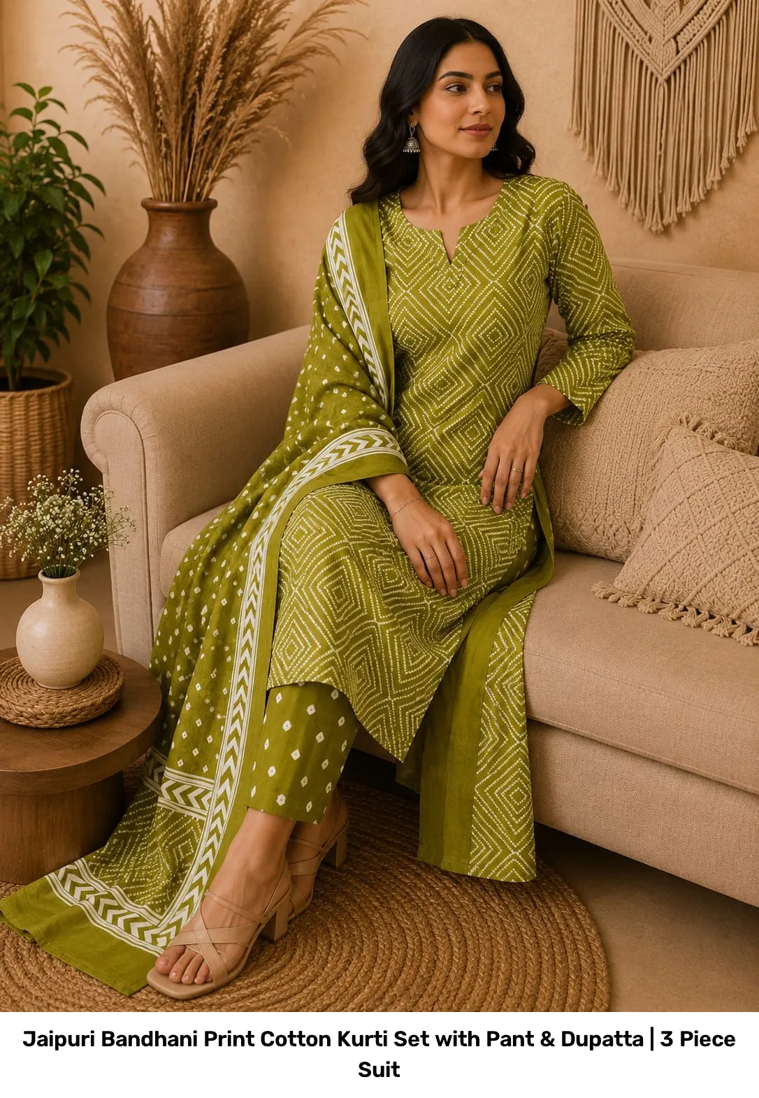 Jaipuri Bandhani Print Cotton Kurti Set with Pant & Dupatta | 3 Piece Suit 8