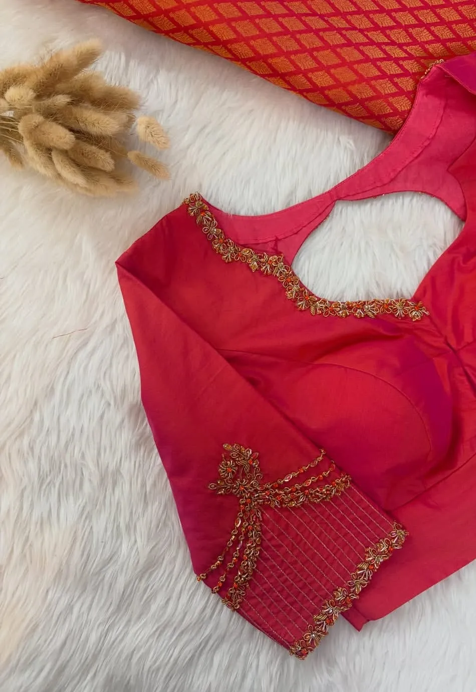Keyhole Cutout Back Silk Blouse, Pink Hand Embroidered Bridal Saree Blouse, Bead Work Full Sleeve Designer Blouse, Wedding Ready to Wear