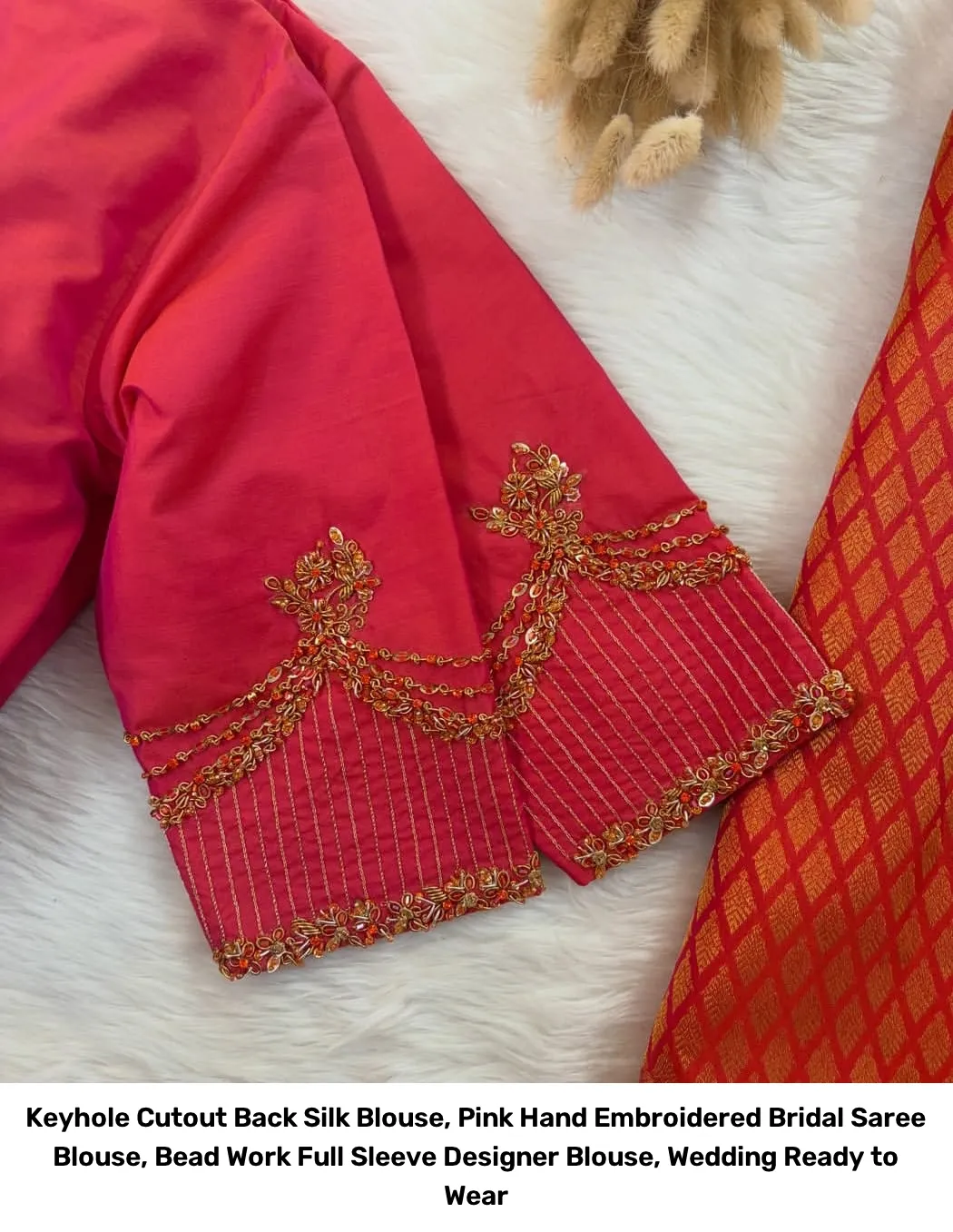Keyhole Cutout Back Silk Blouse, Pink Hand Embroidered Bridal Saree Blouse, Bead Work Full Sleeve Designer Blouse, Wedding Ready to Wear 2