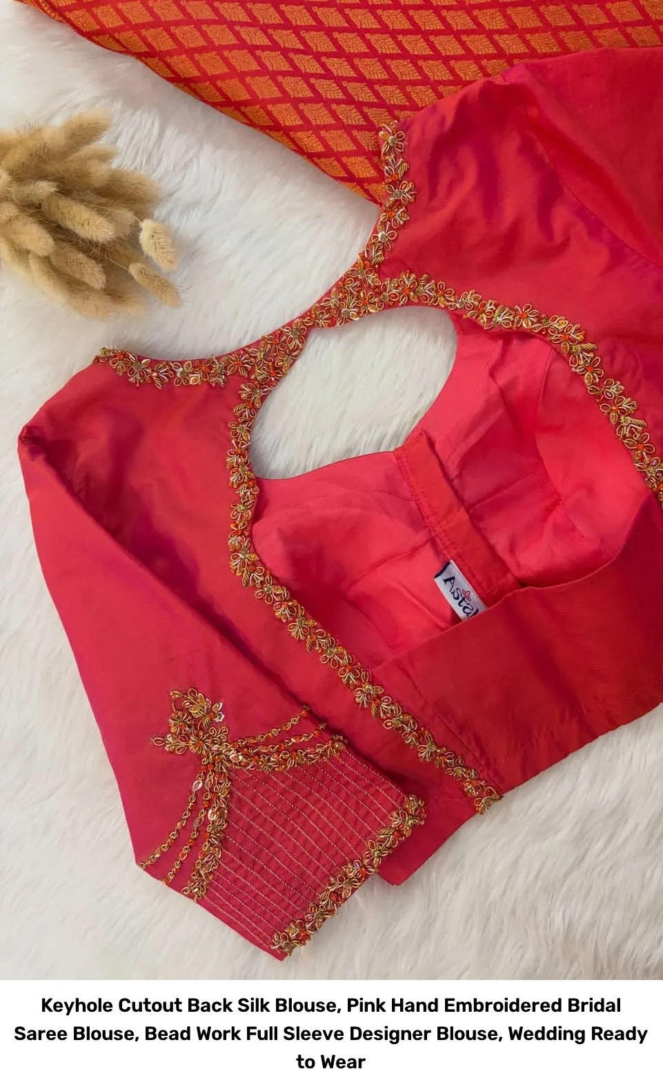 Keyhole Cutout Back Silk Blouse, Pink Hand Embroidered Bridal Saree Blouse, Bead Work Full Sleeve Designer Blouse, Wedding Ready to Wear 3