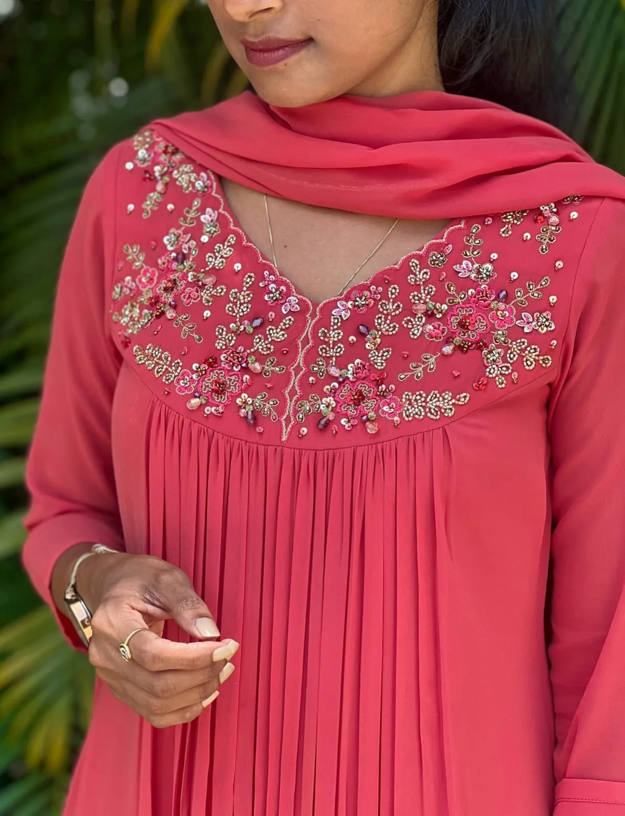 Keyhole Neck Hand Embroidered Yoke Coral Pink Georgette Anarkali Gown with Dupatta