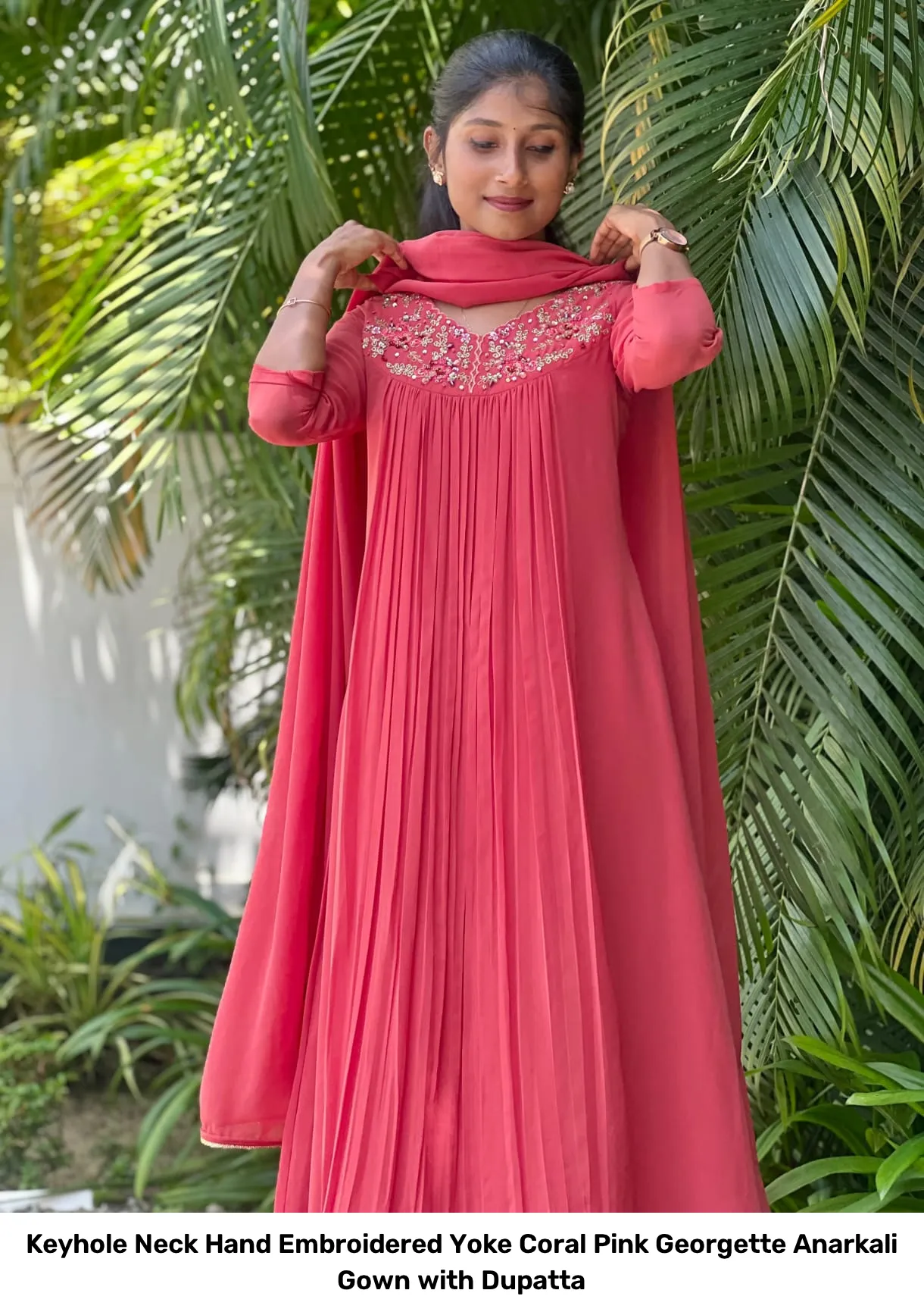 Keyhole Neck Hand Embroidered Yoke Coral Pink Georgette Anarkali Gown with Dupatta 2