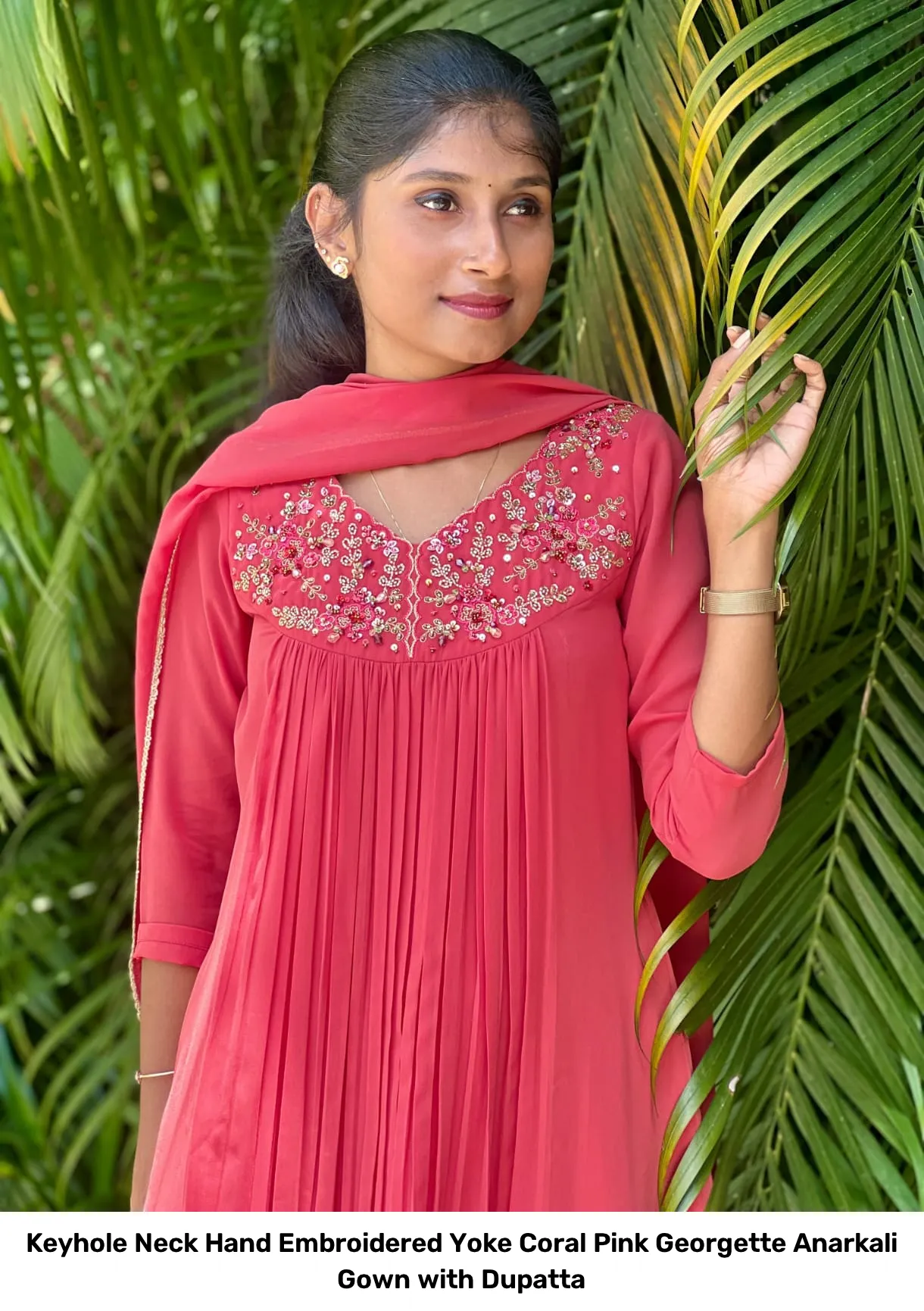 Keyhole Neck Hand Embroidered Yoke Coral Pink Georgette Anarkali Gown with Dupatta 3