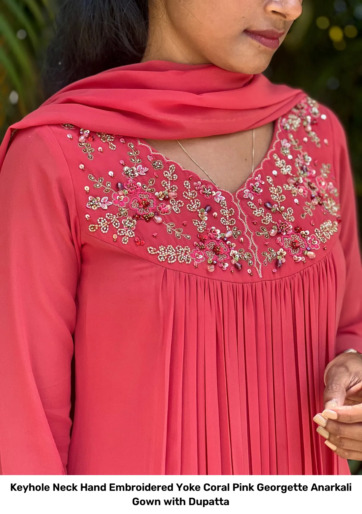 Keyhole Neck Hand Embroidered Yoke Coral Pink Georgette Anarkali Gown with Dupatta 4