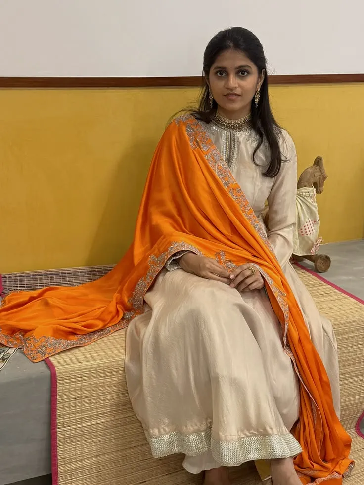 Keyhole Neck Sequin Border Cream Silk Kurta Set – Beige Gown with Orange Embroidered Dupatta