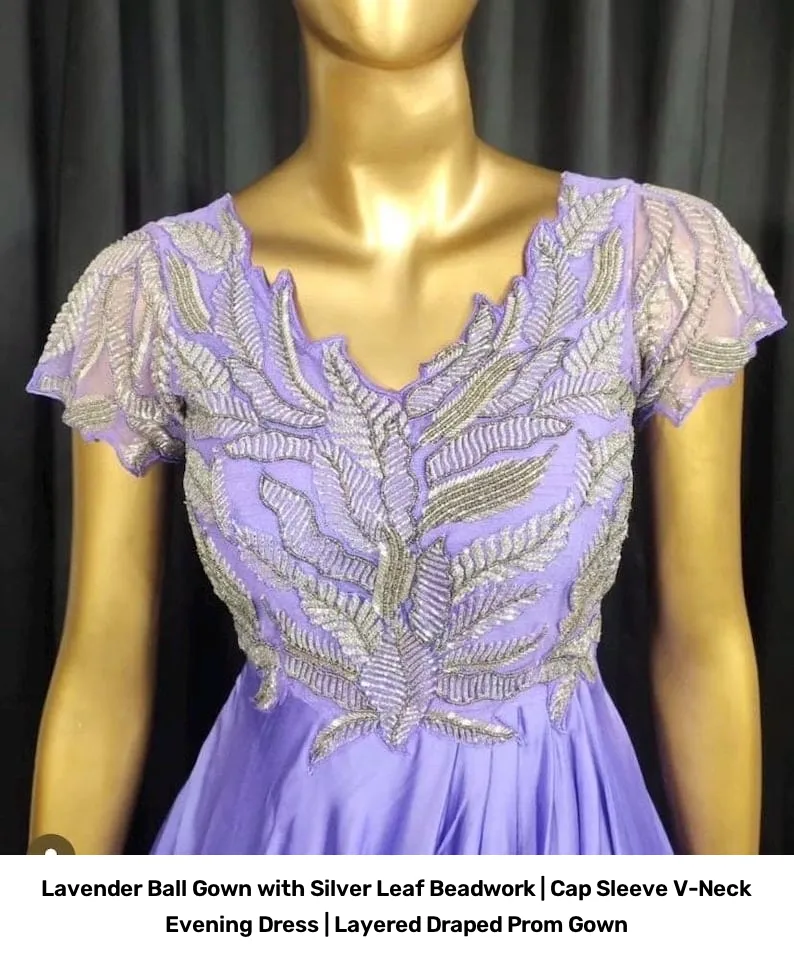 Lavender Ball Gown with Silver Leaf Beadwork | Cap Sleeve V-Neck Evening Dress | Layered Draped Prom Gown 2