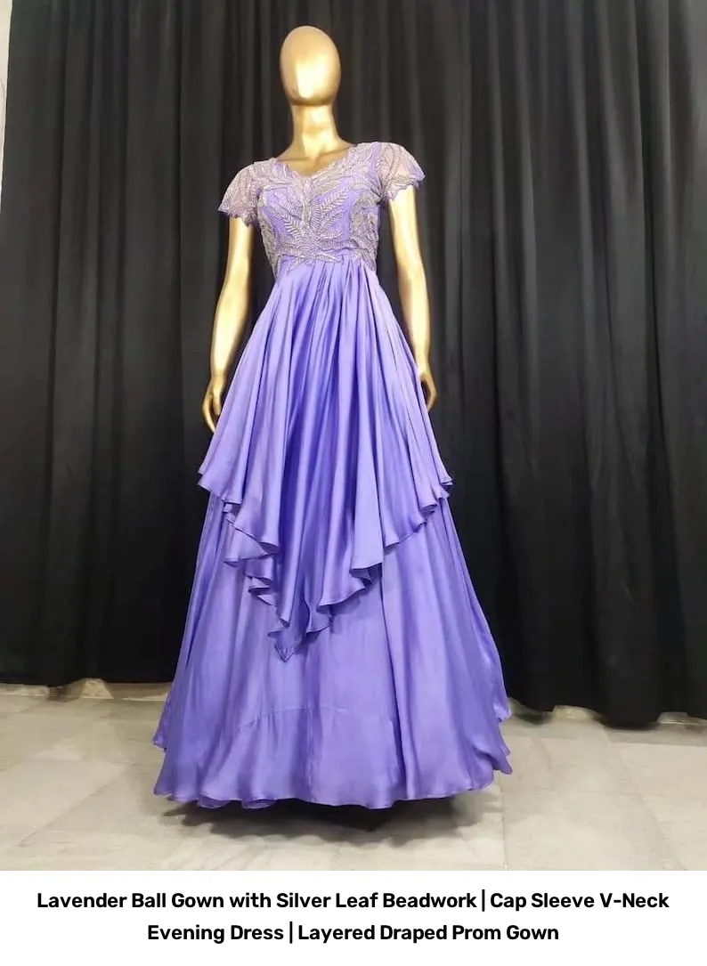 Lavender Ball Gown with Silver Leaf Beadwork | Cap Sleeve V-Neck Evening Dress | Layered Draped Prom Gown 3