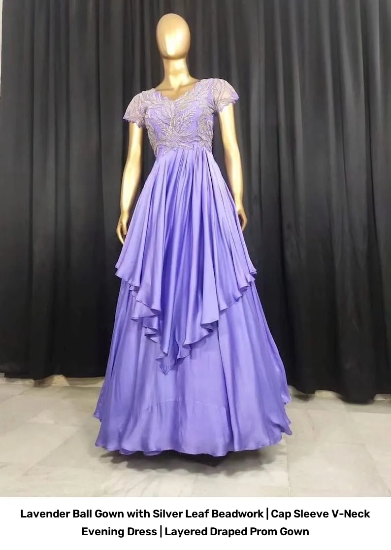 Lavender Ball Gown with Silver Leaf Beadwork | Cap Sleeve V-Neck Evening Dress | Layered Draped Prom Gown 4