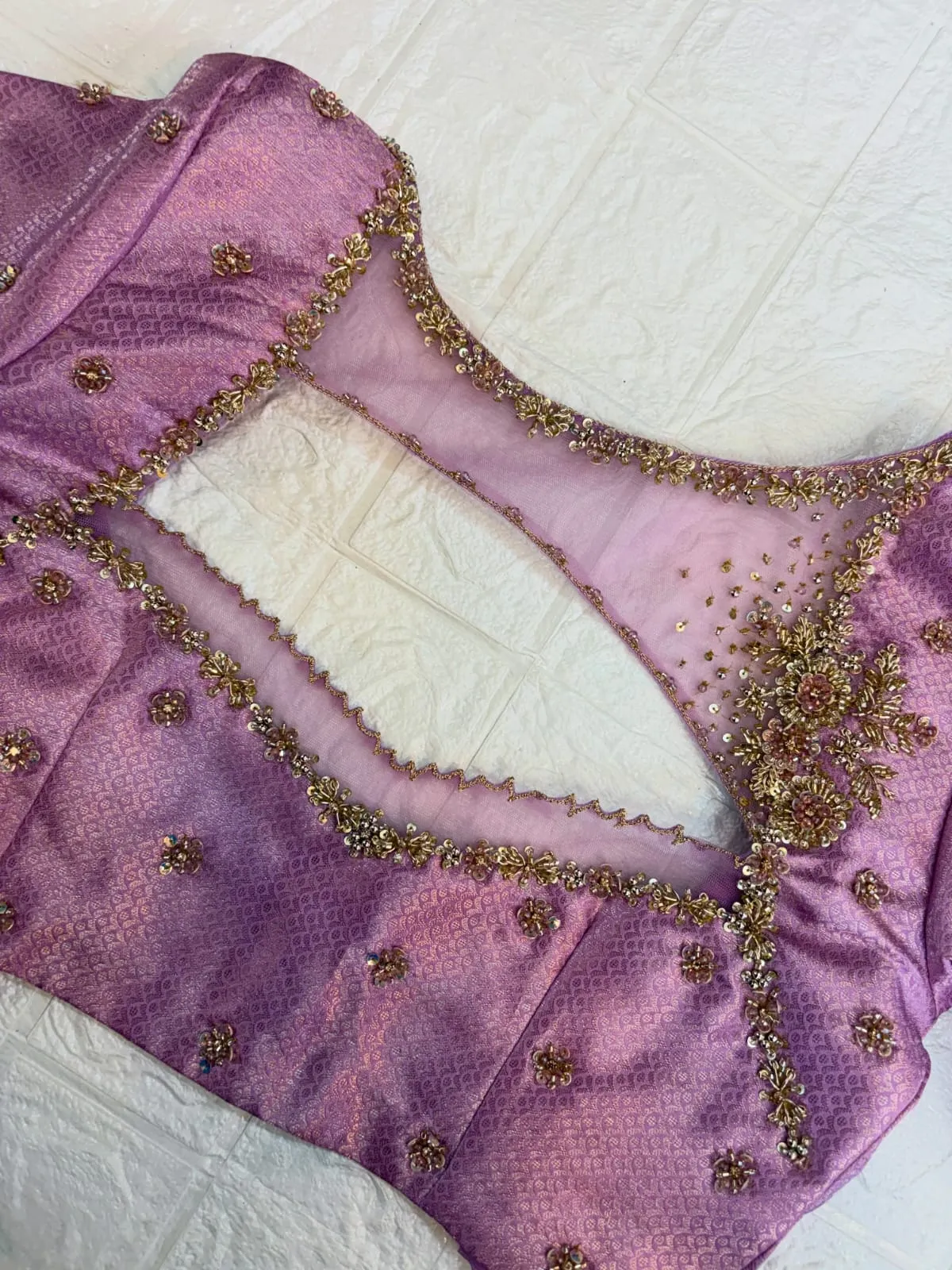Lavender Brocade Silk Blouse – Designer Net Back Design