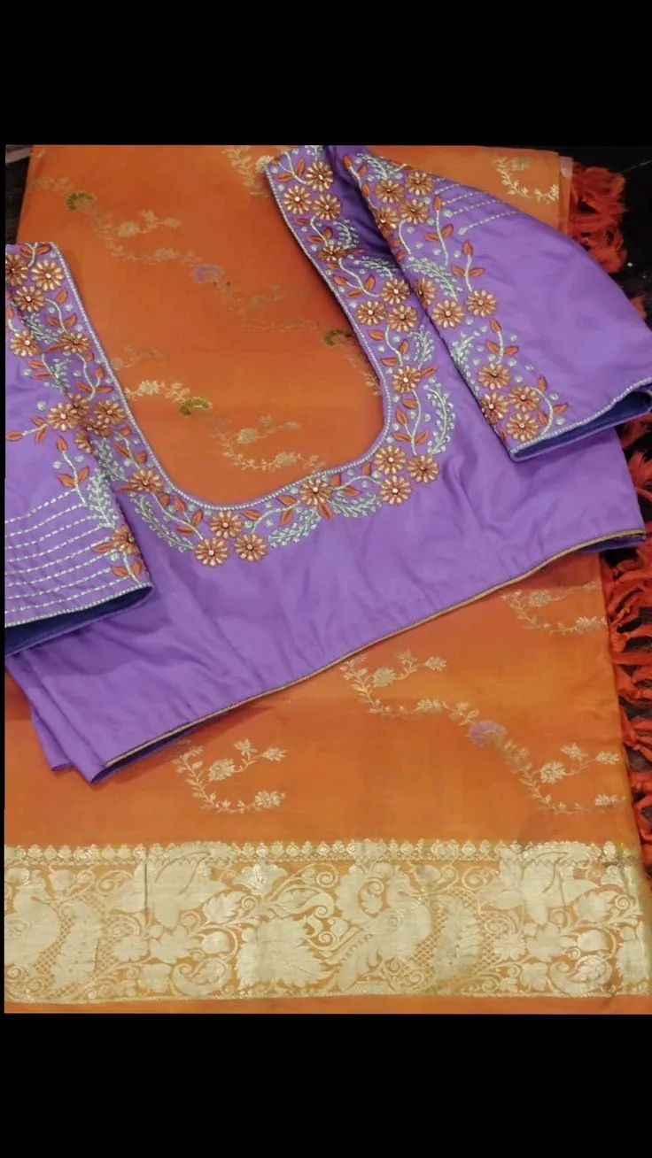Lavender Purple Silk Saree Blouse | Computer Machine Floral Vine Embroidery & Border Sleeves Readymade Blouse 1
