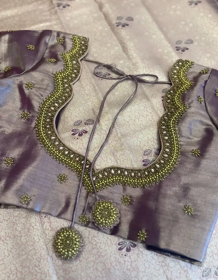 Lavender Raw Silk Scallop Neck Blouse | Handcrafted Antique Bead & Maggam Work Saree Blouse with Tassels 1
