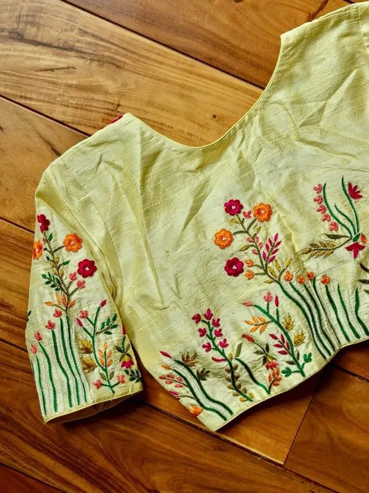 Lemon Yellow Raw Silk Saree Blouse | Computer Work Floral Garden Thread Embroidery Readymade Blouse