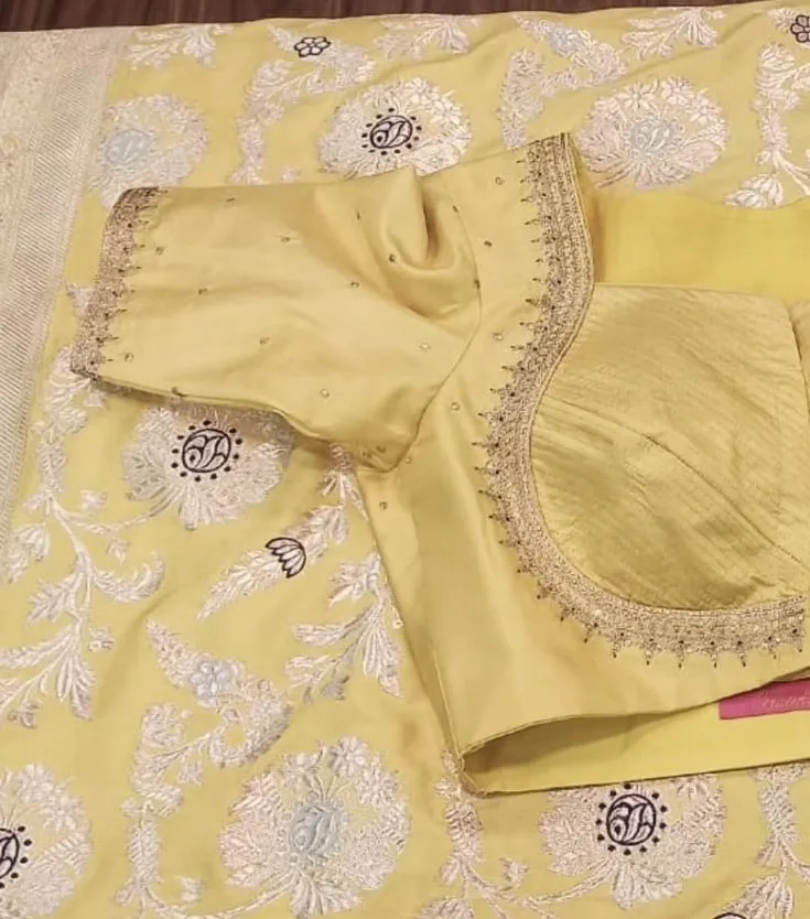 Lemon Yellow Silk Blouse – Silver Zari Paisley Work 1