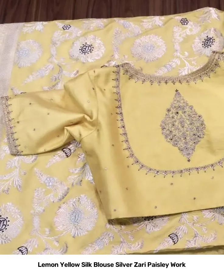 Lemon Yellow Silk Blouse – Silver Zari Paisley Work 2