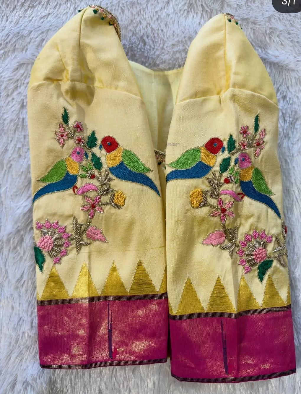 Lemon Yellow Silk Blouse with Hand-Embroidered Parrot Motifs & Pink Temple Border | Custom Aari Work Saree Blouse 1