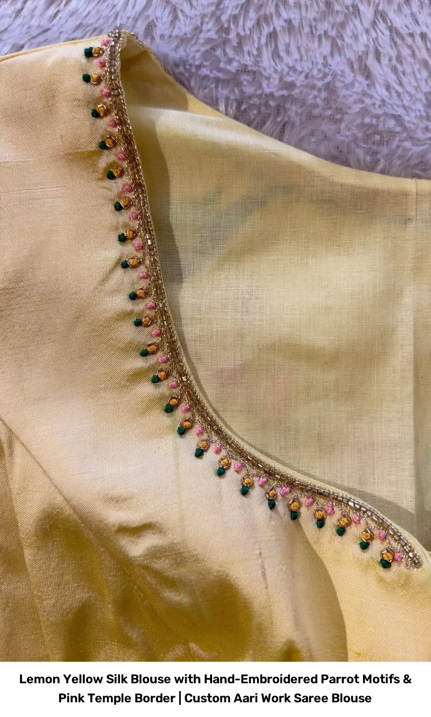 Lemon Yellow Silk Blouse with Hand-Embroidered Parrot Motifs & Pink Temple Border | Custom Aari Work Saree Blouse 2