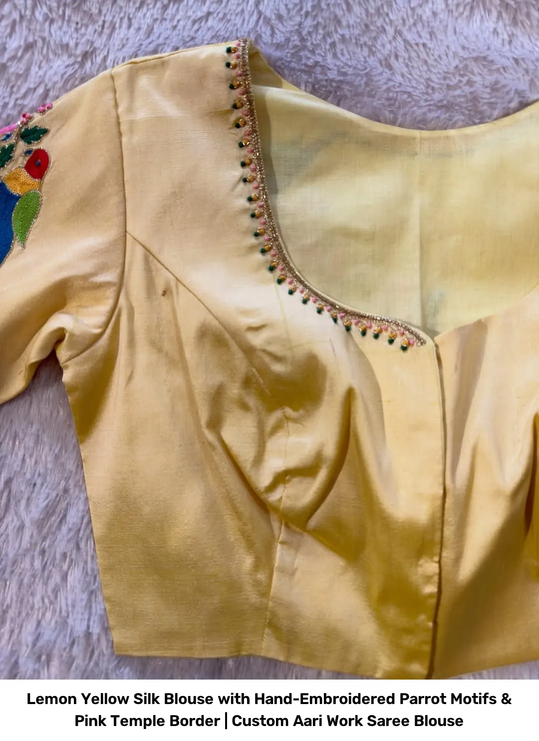Lemon Yellow Silk Blouse with Hand-Embroidered Parrot Motifs & Pink Temple Border | Custom Aari Work Saree Blouse 3