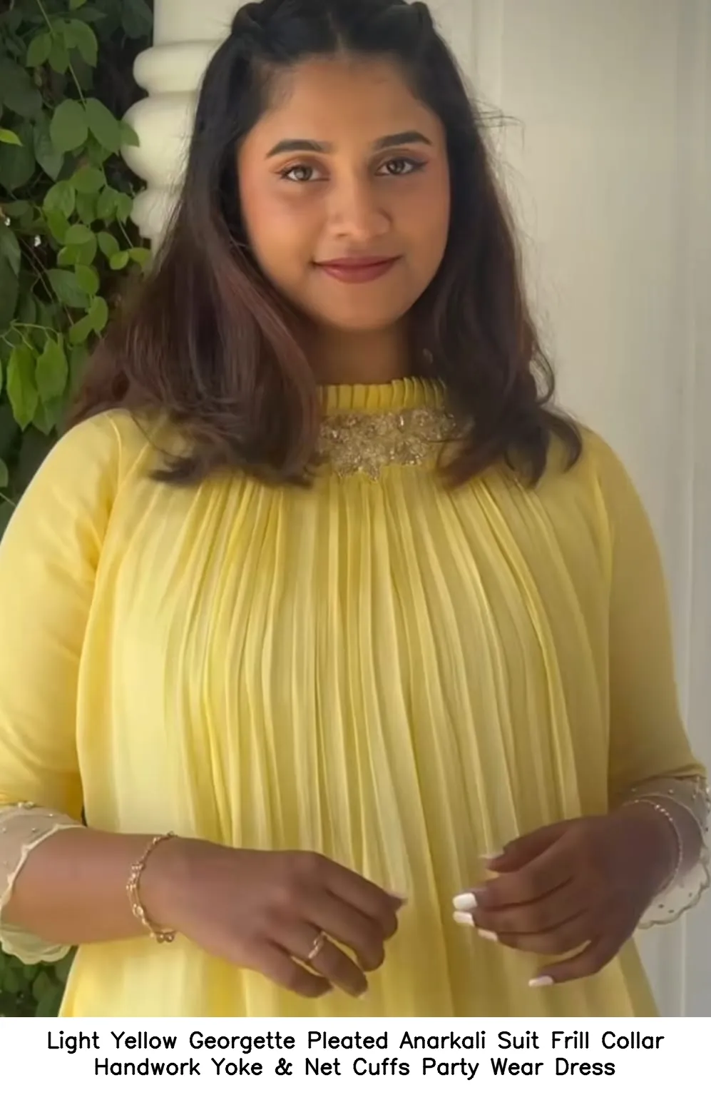 Light Yellow Georgette Pleated Anarkali Suit – Frill Collar Handwork Yoke & Net Cuffs Party Wear Dress 2