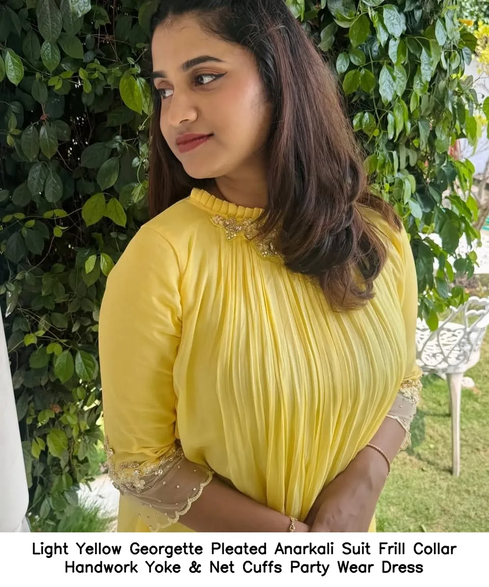 Light Yellow Georgette Pleated Anarkali Suit – Frill Collar Handwork Yoke & Net Cuffs Party Wear Dress 3