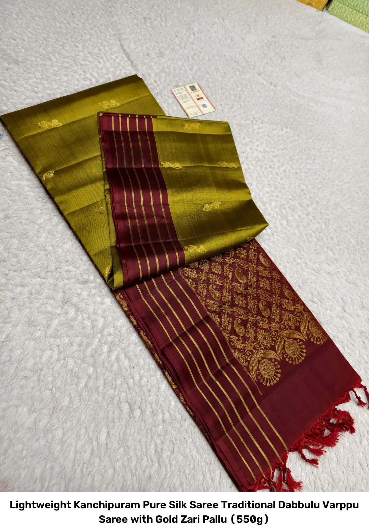 Lightweight Kanchipuram Pure Silk Saree – Traditional Dabbulu Varppu Saree with Gold Zari Pallu (550g) 2