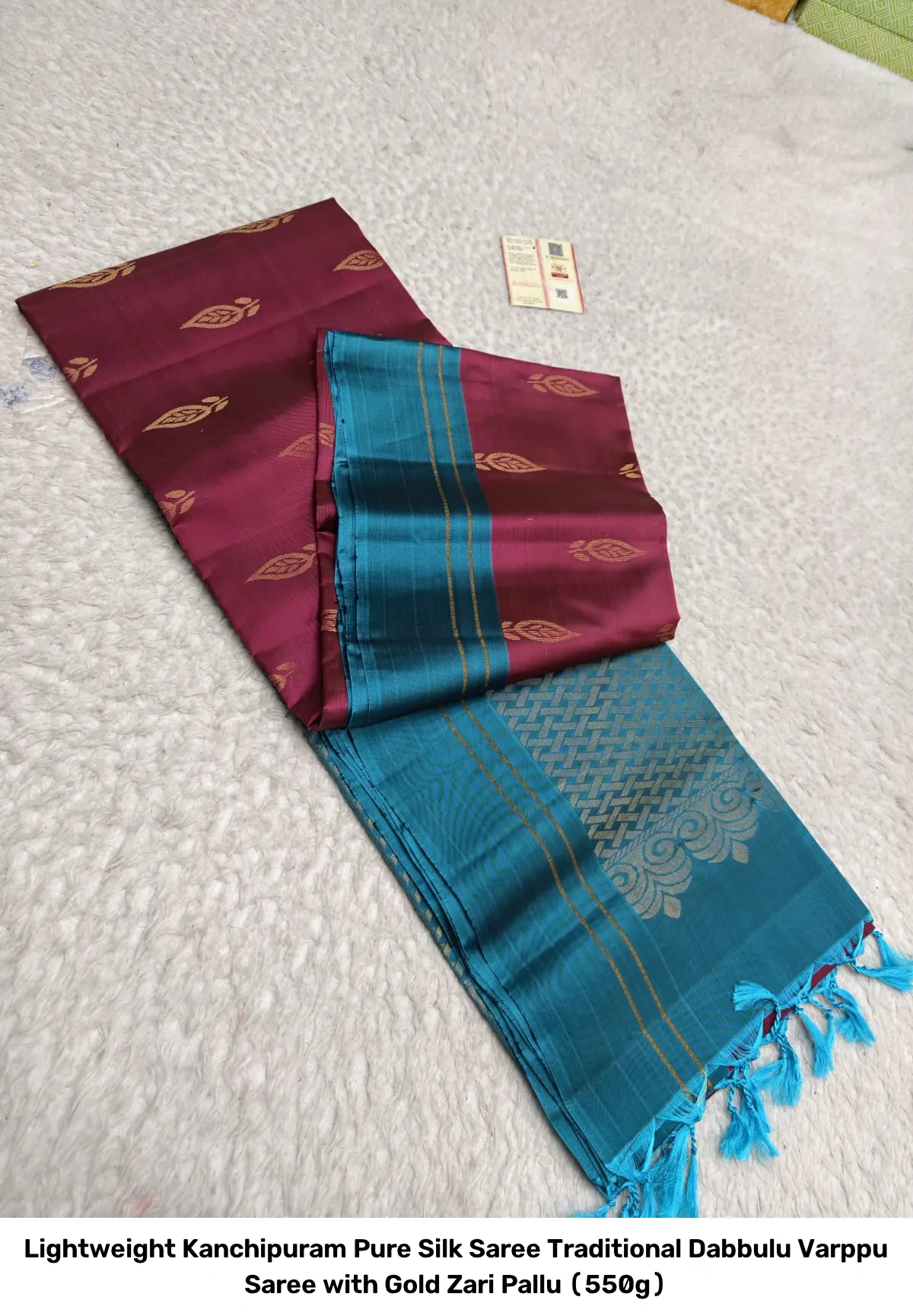 Lightweight Kanchipuram Pure Silk Saree – Traditional Dabbulu Varppu Saree with Gold Zari Pallu (550g) 3