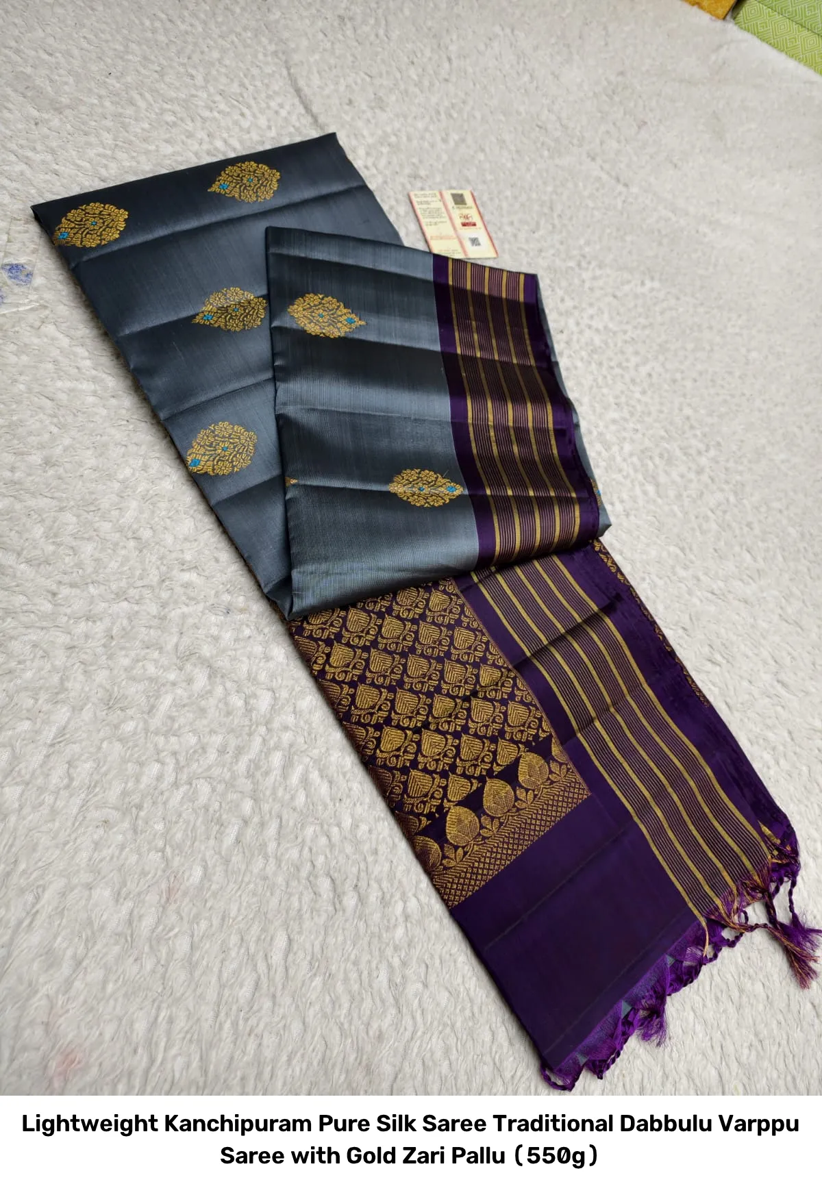 Lightweight Kanchipuram Pure Silk Saree – Traditional Dabbulu Varppu Saree with Gold Zari Pallu (550g) 7