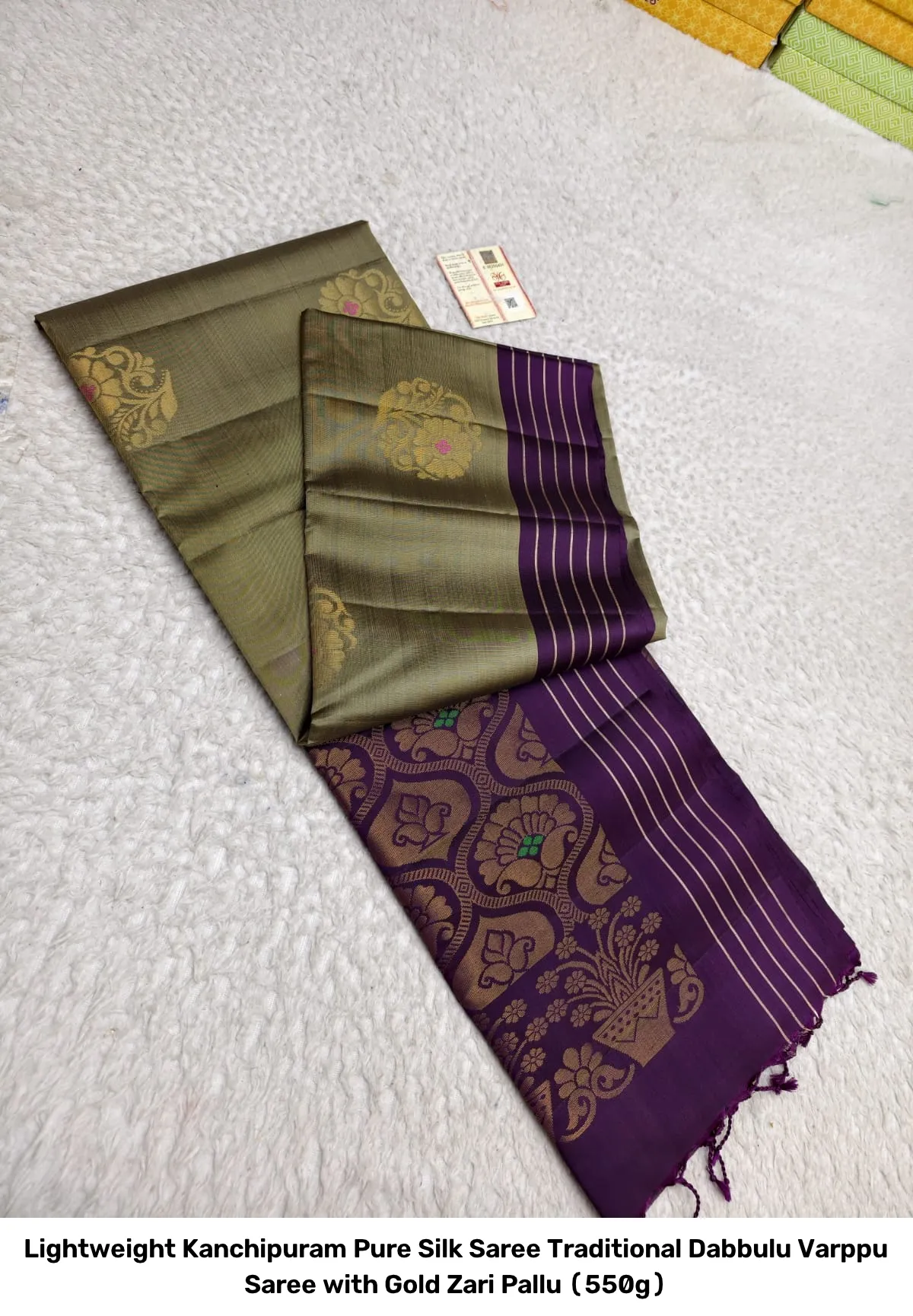Lightweight Kanchipuram Pure Silk Saree – Traditional Dabbulu Varppu Saree with Gold Zari Pallu (550g) 9