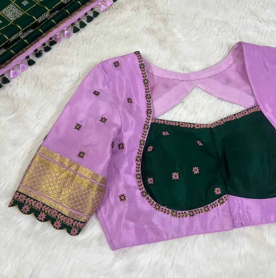 Lilac Silk Maggam Work Blouse – Contrast Dark Green Sweetheart Bust & Scallop Zari Sleeves 1