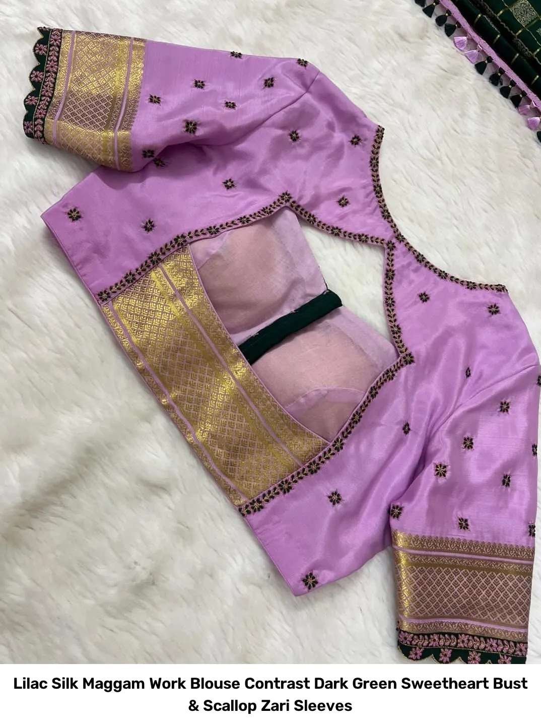 Lilac Silk Maggam Work Blouse – Contrast Dark Green Sweetheart Bust & Scallop Zari Sleeves 2
