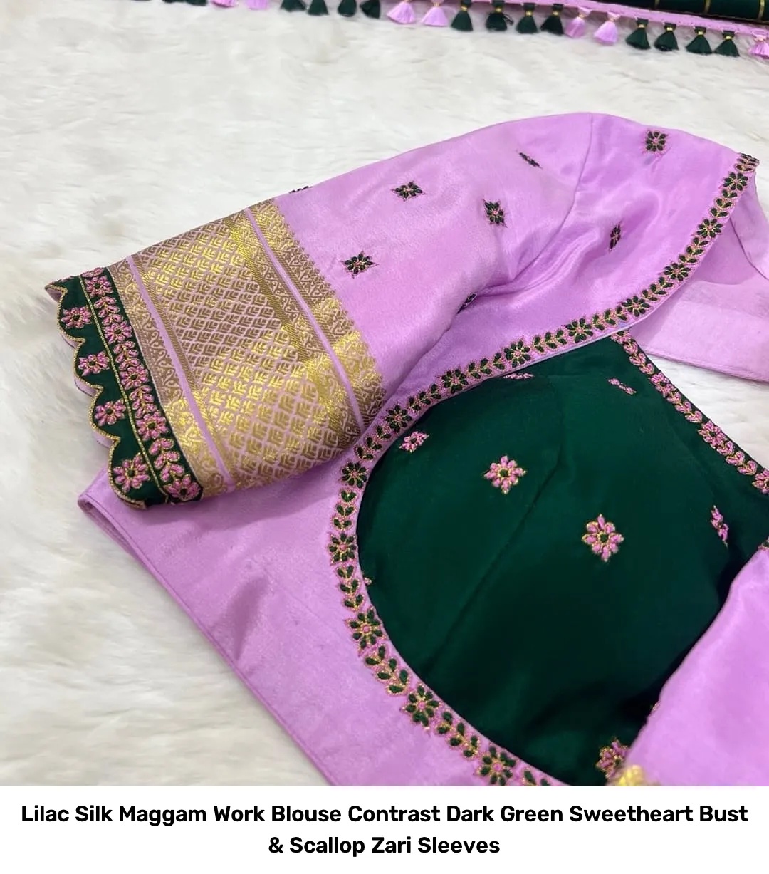 Lilac Silk Maggam Work Blouse – Contrast Dark Green Sweetheart Bust & Scallop Zari Sleeves 3