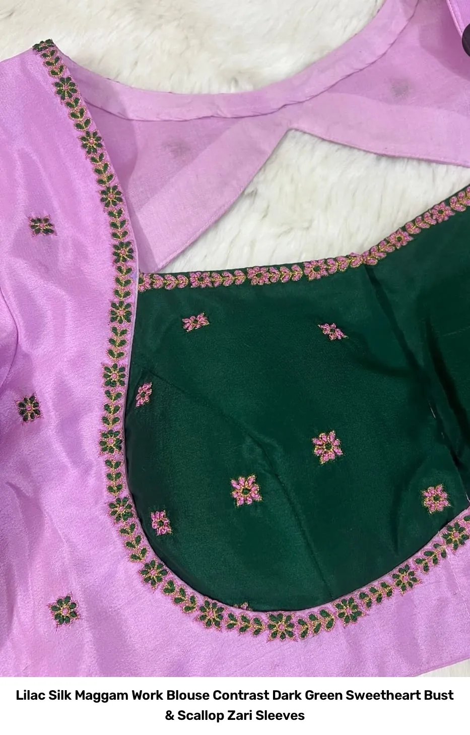 Lilac Silk Maggam Work Blouse – Contrast Dark Green Sweetheart Bust & Scallop Zari Sleeves 4